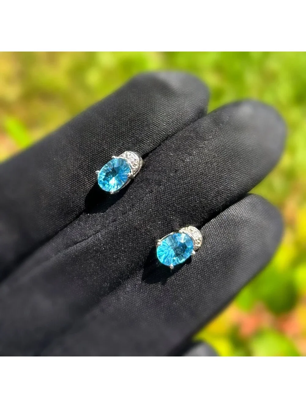 14k solid white gold aquamarine stone natural diamond 1.51CTW stud earrings